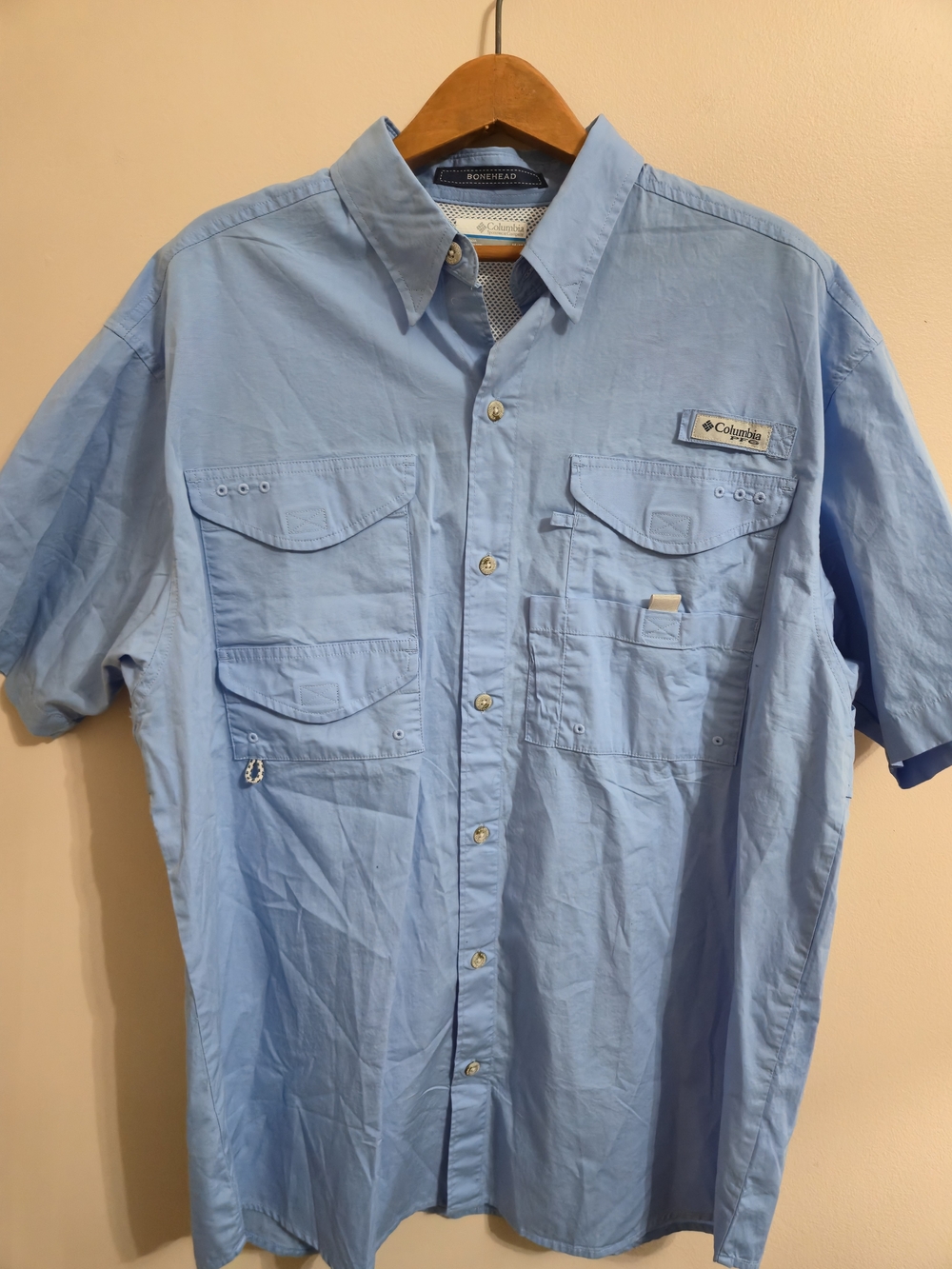 Columbia PFG Bonehead Blue Solid Short Sleeve Button-Up Fishing Shirt M